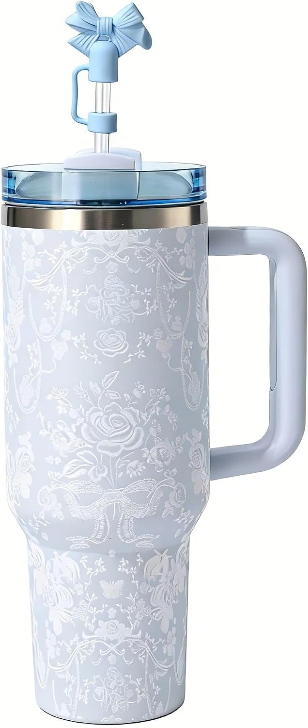 Thermobecher: für Damen, mit Strohhalm, aus Edelstahl, blau