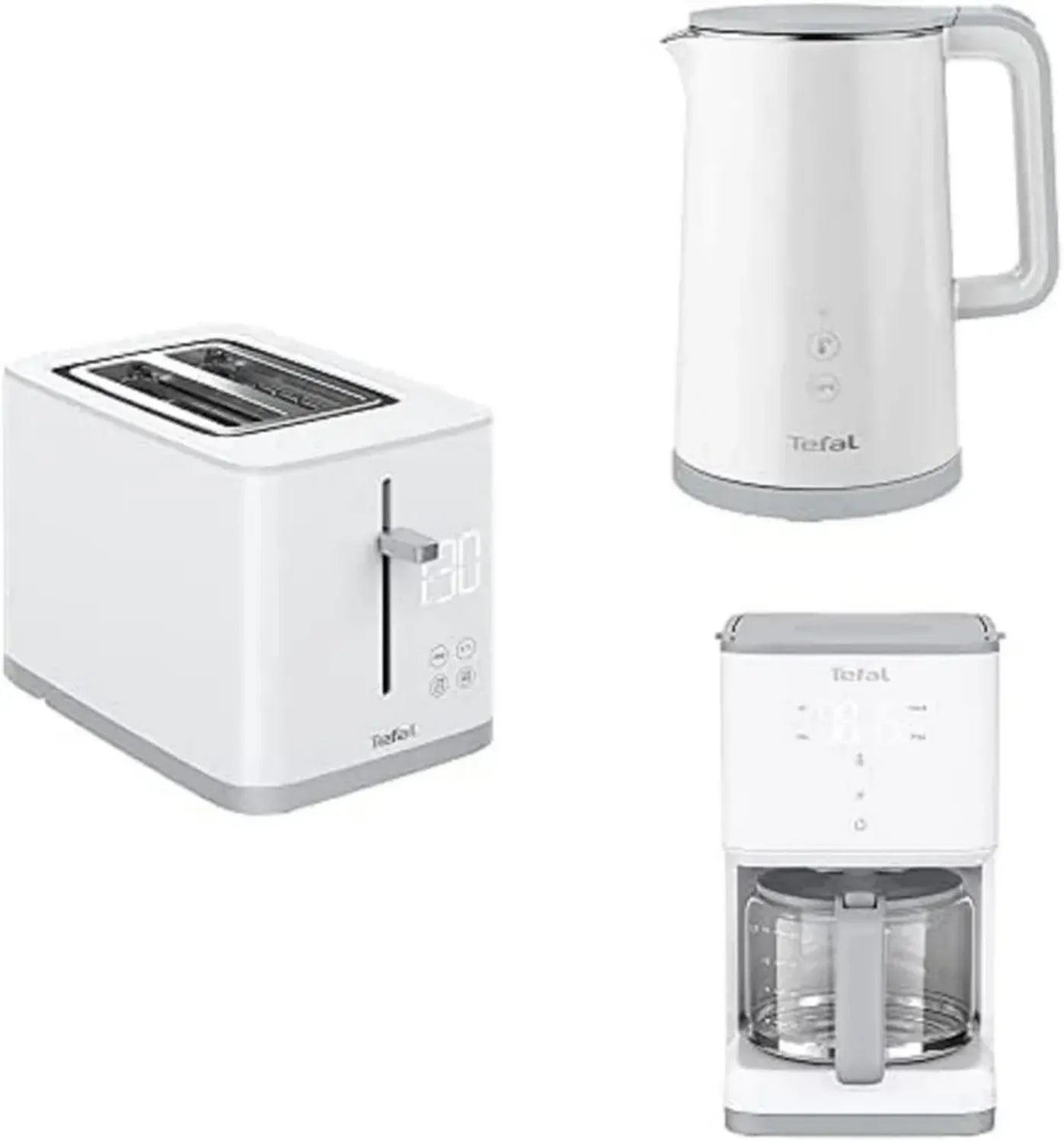 Tefal Sense Frühstücksset | Toaster mit Countdown | Wasserkocher mit Temperaturwahl | Kaffeemaschine mit Warmhaltefunktion | Digitalanzeige | Weiß